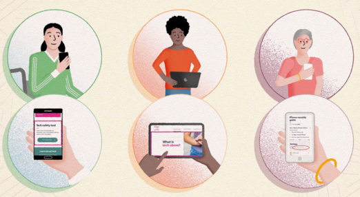 Illustration of three women using tech safely and happily